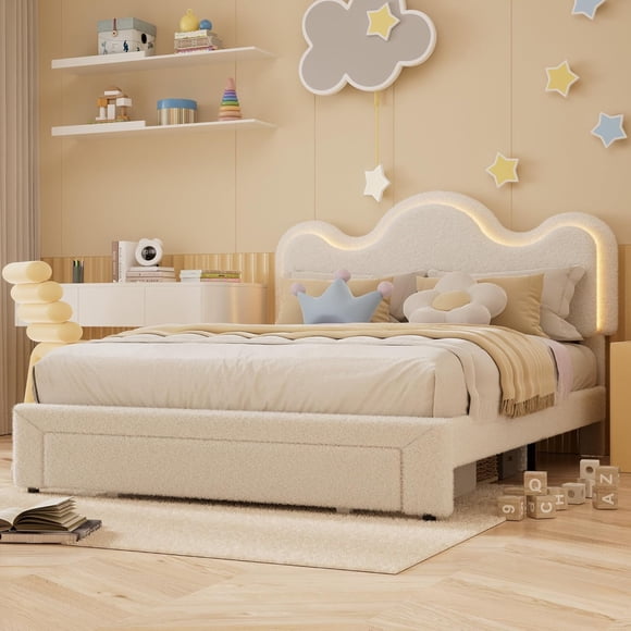 Bingirl Queen Boucle Bed Frame with Flower Headboard - Upholstered Princess Bed for & Girls, LED Platform Bed with Drawers, Strong Solid Wood Slats Support, No Box Spring Needed, Easy to Assemble
