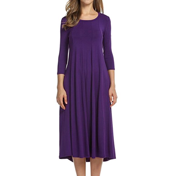 WTXUE Long Sleeve Dress, Women's Casual Solid Dress Round Neck Long Sleeve Mid Calf Swing Dress, Purple Dress, Purple L