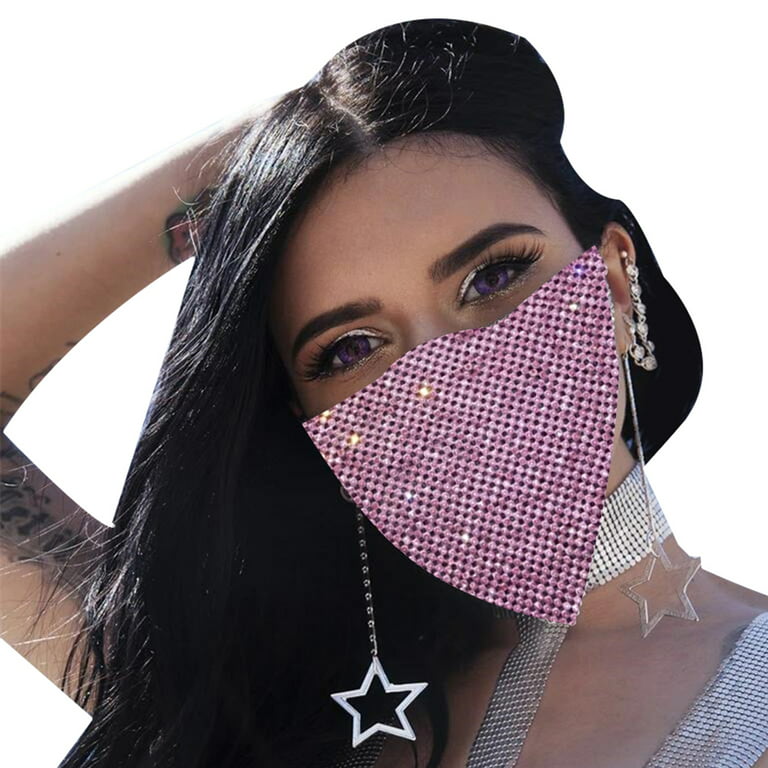 harmtty Women Sexy Reticulated Rhinestone Face Mouth Cover Night Club Party  Veil Yashmak,Pink