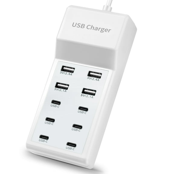 USB Charger Station Block with Rapid Charging Auto Detect Technology Safety Guaranteed 10-Port Family-Sized Smart USB Ports for Multiple Devices Smart Phone Tablet Headphones
