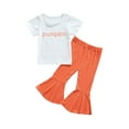 thumbnail image 1 of Qmyliery Girls Halloween Two-piece Clothes Set, Letters Printed Pattern T-shirt and Orange Solid Color Flared Pants, 1 of 6