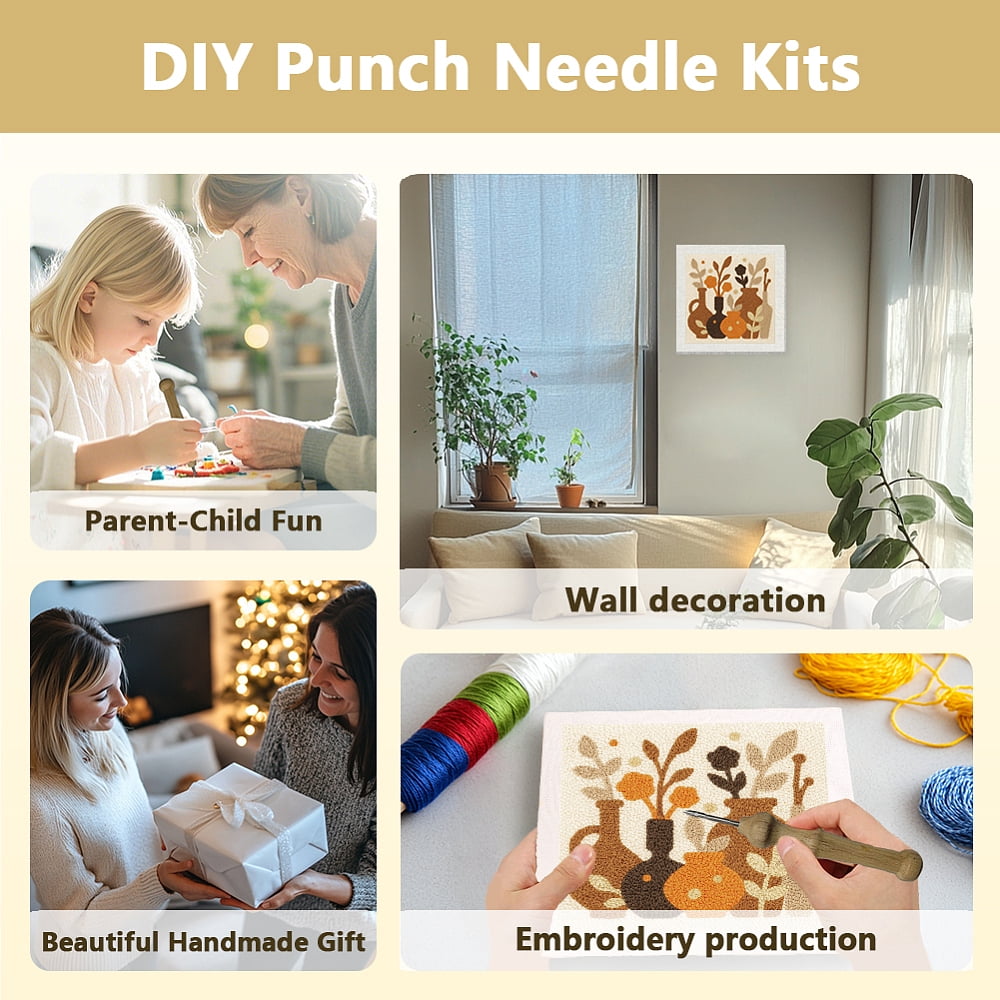 Polyester Cotton Punch Needle 4Folded Yarns Embroidery Kits Included Threader Cotton Thread Punch Needle Thread Clips 3.5MM Wooden Needle Vase