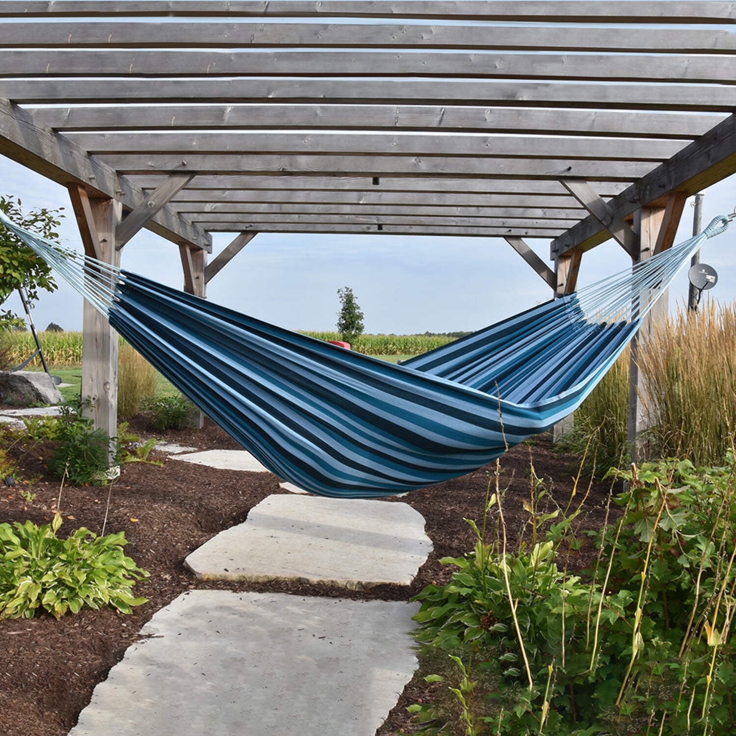 Vivere Brazilian Style Double Cotton Hammock, Outdoor Hanging Daybed, Blue Lagoon