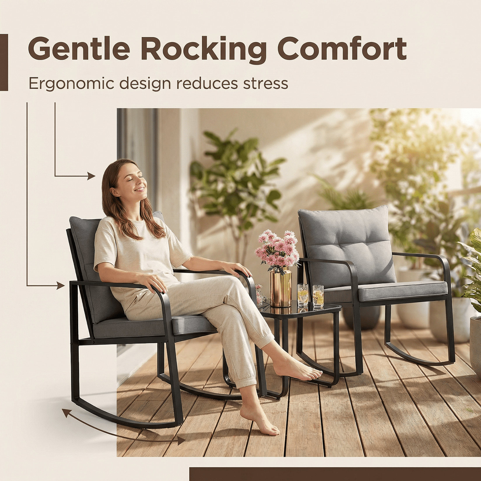 Lofka 3-Piece Outdoor Rocking Patio Furniture Set, Weather-Resistant Iron Frame with Tempered Glass Table & Cushions for Garden Poolside
