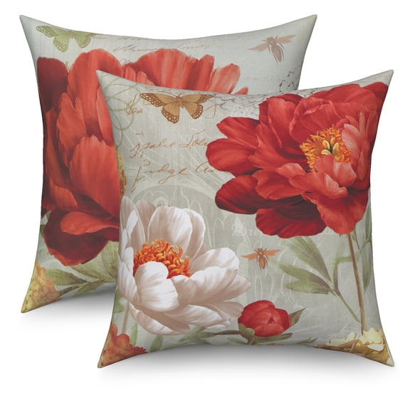 Dashan Red Floral Throw Pillow Covers 18x18 Set of 2,Chinoiserie Flower Linen Pillow Cases for Sofa Couch Bedroom Decor