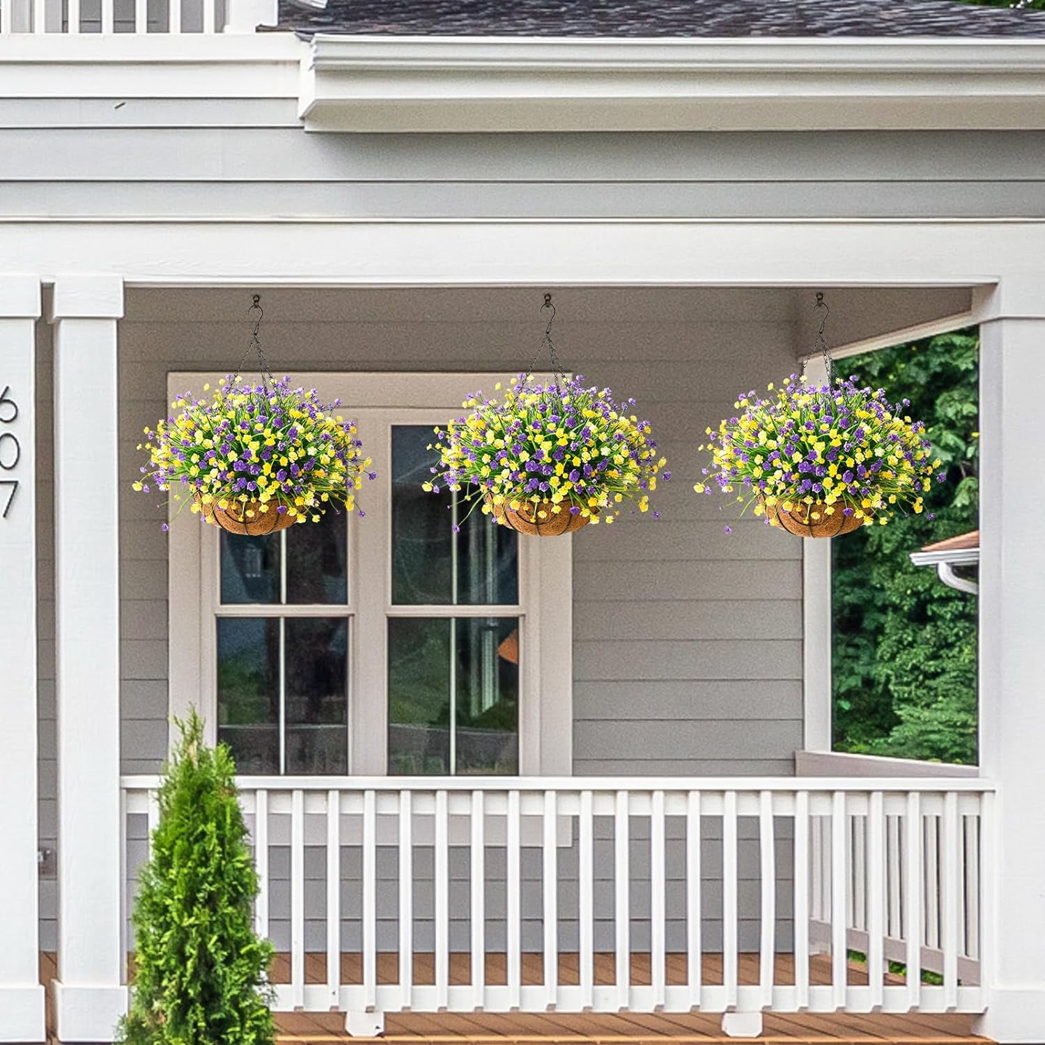 Artificial Hanging Flowers in Basket for Patio Garden Decoration,Artificial Daisy Arrangement,Fake Plants in inch Coconut Lining Basket for Outside Spring Decor(Purple Yellow)