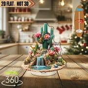 1pc 2d flat Rotating acrylic tabletop display featuring a vibrant oasis with blossoming cactus and basking lizards perfect for festive celebrations or as an artful centerpiece