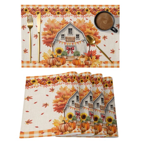 Fall Pumpkin Placemats Set of 2 Farmhouse Maple Leaf Vintage Plaid Autumn Heat Insulation Washable Place Mats, Non-Slip Table Mats for Dining Table Party Kitchen Decor, 13x19 Inch