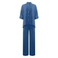 thumbnail image 5 of UVEASISHA Cotton Linen 2 Piece Outfits for Women Long Sleeve Matching Sets Solid Casual Button Down Shirts and Drawstring Wide Leg Pants Set Blue S, 5 of 7