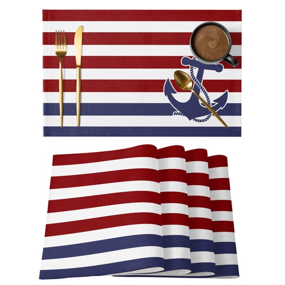 Anchor Red Placemats Set of 4, Cotton Linen Fabric Place Mats, Modern Navy Blue White Striped Nautical Washable Decorative Table Mats Protector for Home Kitchen Dining Wedding Party Coffee Tables
