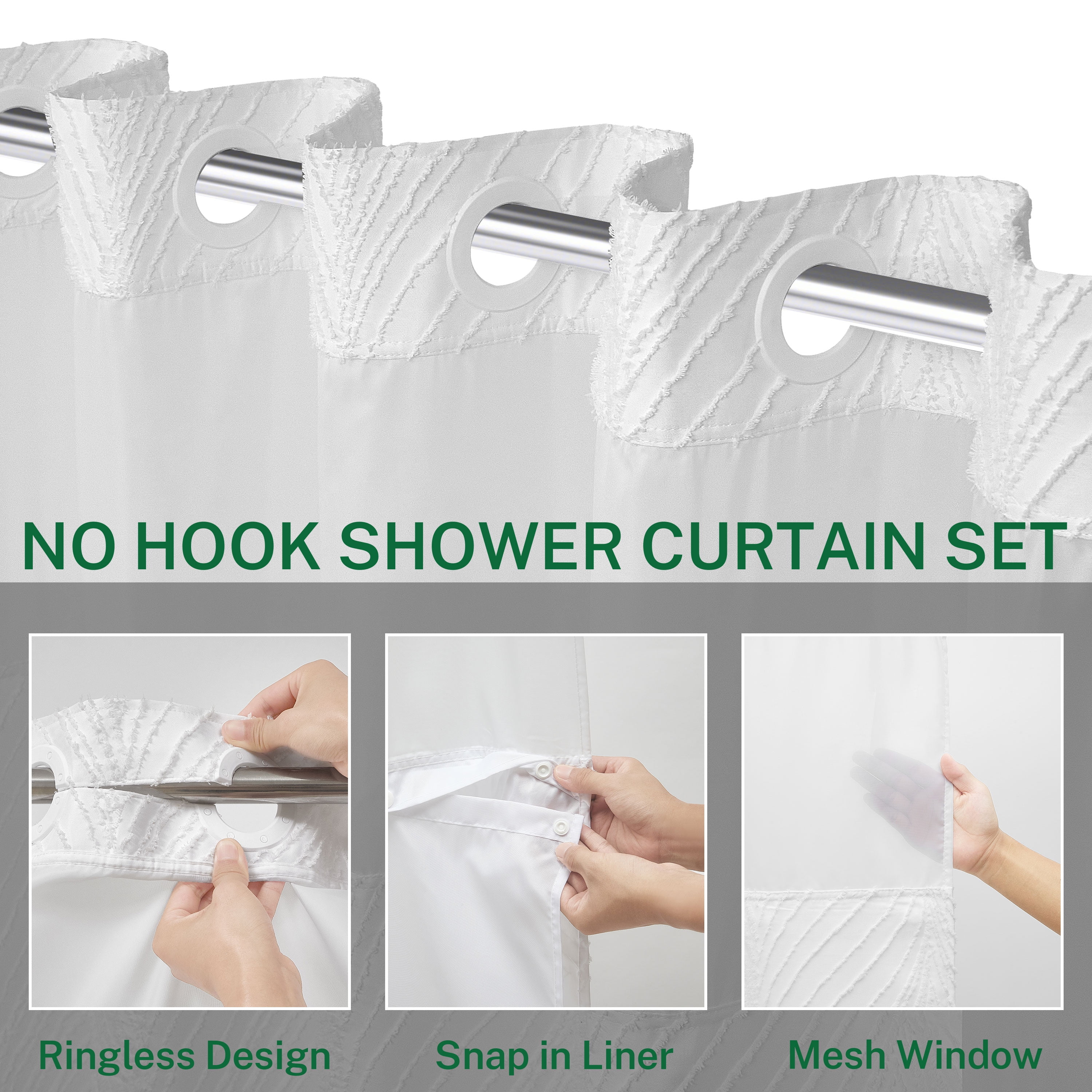 Siiluminisoy White Hookless Shower Curtain with Snap in Liner, Boho Tufted Geometric Striped Design Fabric No Hook Waterproof Mesh Window Bathroom Curtain, 71"X 86"