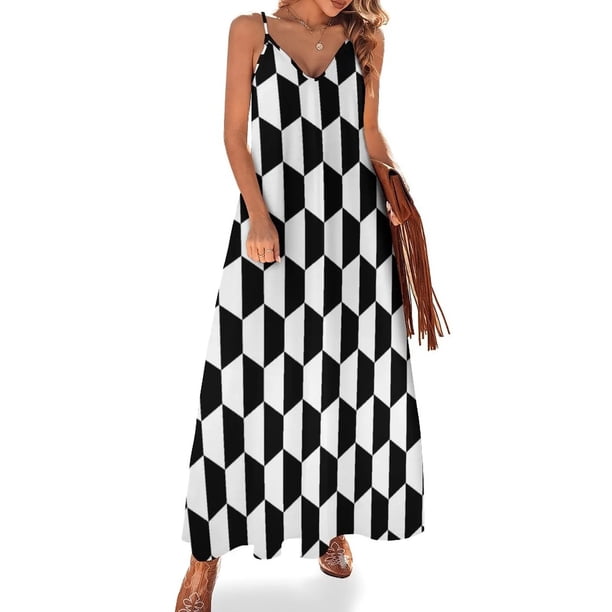 Vestido sin mangas con hexágonos en blanco y negro Vestido de noche para mujer Vestidos largos con velo