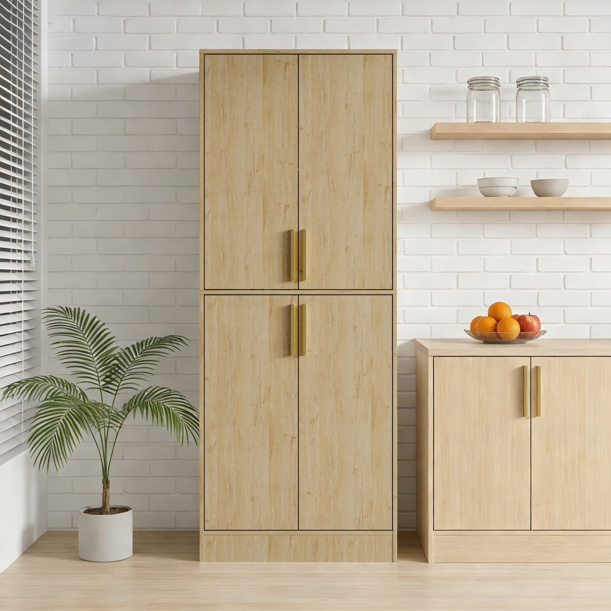 71" Tall Kitchen Pantry Storage Cabinet, Pantry Cabinet with 4 Doors, Freestanding Larder Cupboard, Kitchen Hutch with Gold Handles for Dining Room, Bathroom, Oak