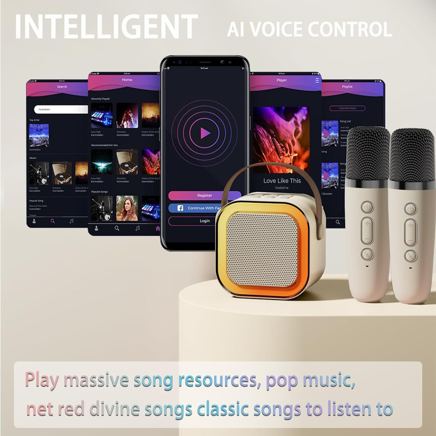 FFORCE Mini Karaoke Machine for Kids and Adults — Portable Bluetooth Speaker with 2 Wireless Microphones, Home Karaoke System, Gift for Girls Ages 4-12+ (Beige)