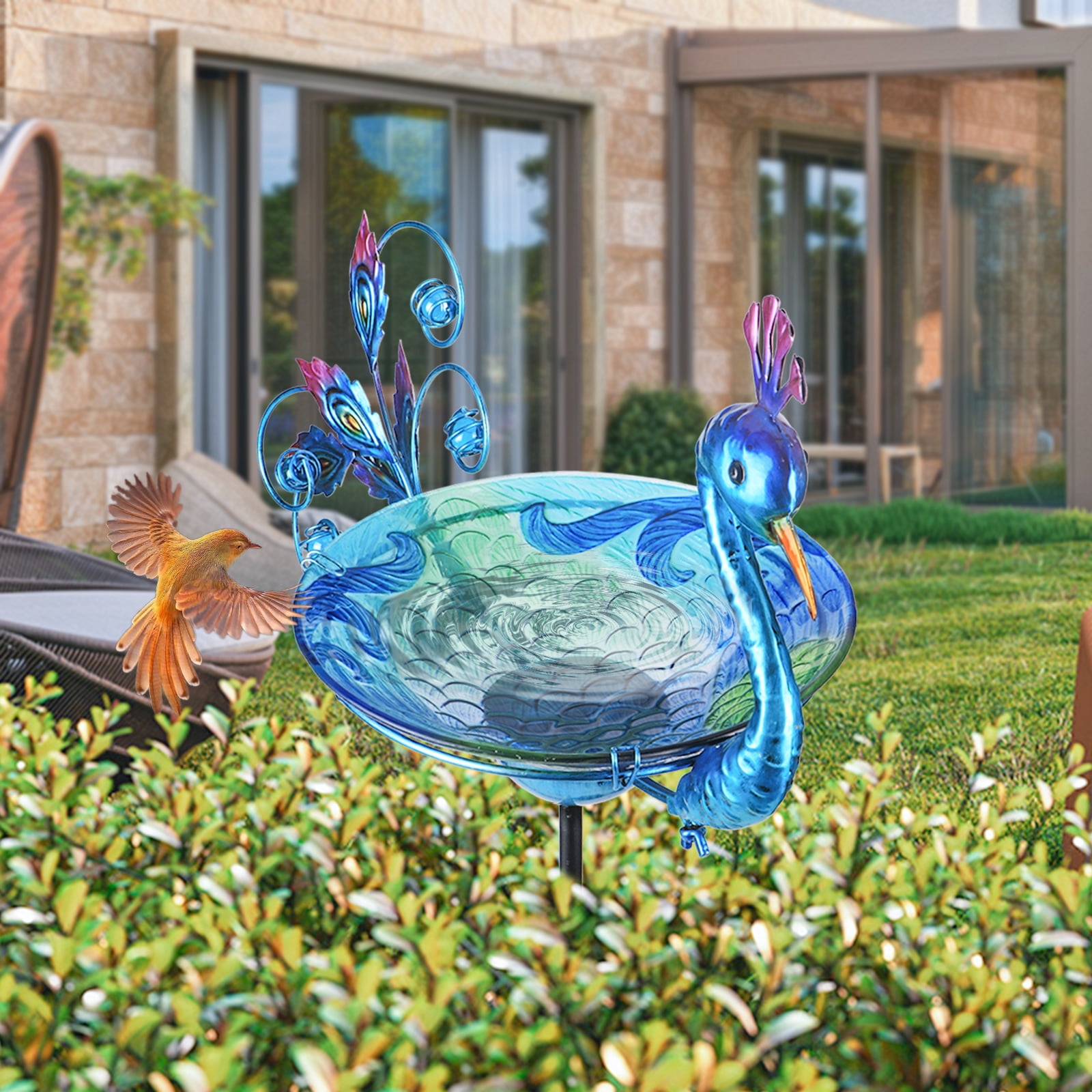 Outdoor Bird Bath Solar Light Birdbath Small Birdfeeder with Peacock Metal Stake for Garden Yard Decor