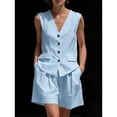 thumbnail image 5 of Pounoo Women's Linen Two Piece Set Sleeveless V Neck Vest and Casual Shorts Lightweight Loose Fit Outfit for Daily and Vacation Wear Gift, 5 of 6