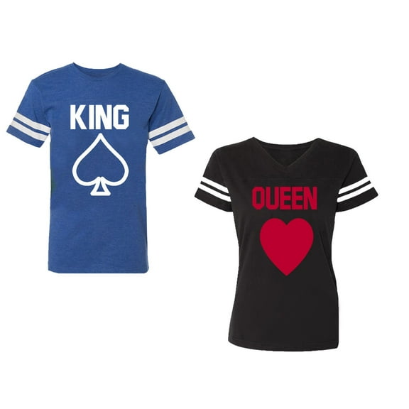 King Queen Poker Unisex Couple Matching Cotton Jersey style T-Shirt Contrasting stripes on sleeves (Men Royal / Women Black) (Men S / Women S)