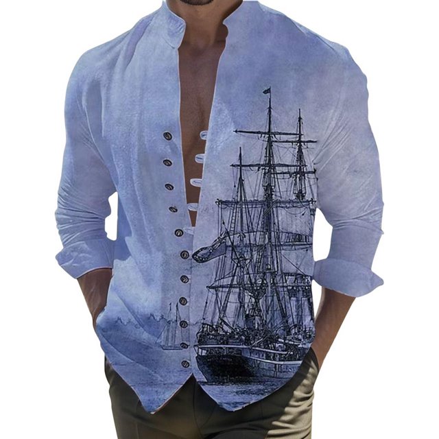 XDZJLR Chemise Homme Impression Numérique 3D Bateau Poche Boucle Col à Revers Manches Courtes