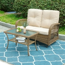 VIVIJASON 2-Piece Patio Wicker Loveseat Glider Set Cushioned, Outdoor Conversation Furniture Sets with 2-Seater Glider Rocking Bench, Coffee Table and Cushions for Porch Garden Poolside, Light Brown