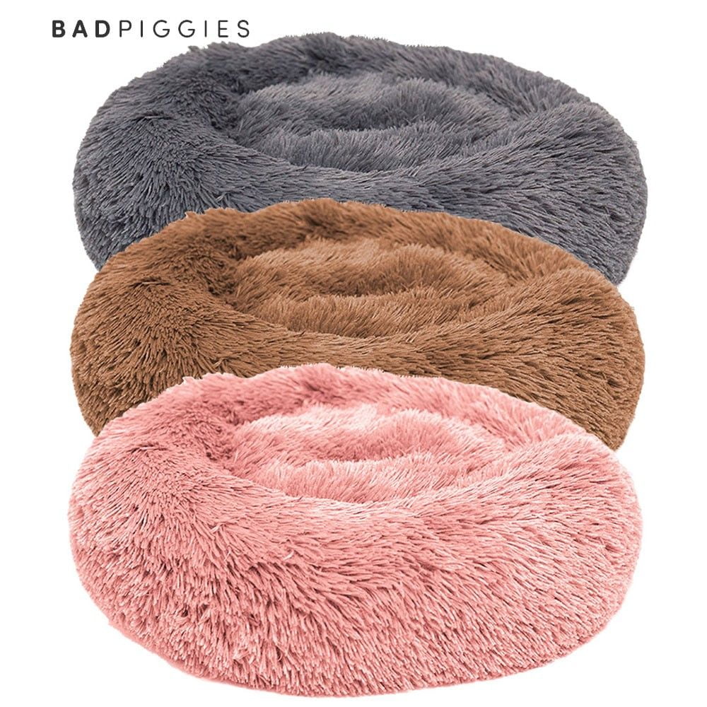 BadPiggies Pet Dog Cat Bed Kennels Warm Sleeping Cushion Plush Donut Faux Fur Round Nest (Brown, 32*32inches)