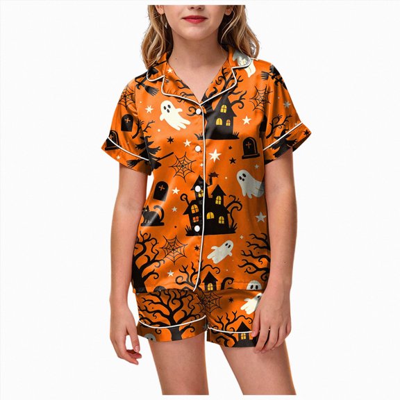 Leey-World Toddler Girl Pajamas Toddler Kids Little Girls Halloween Satin Pajamas Pumpkin Short Sleeve Button Down Sleepwear Pjs Set Pjs for Girls 2T 3T 4T 5T 6T 7T 8T