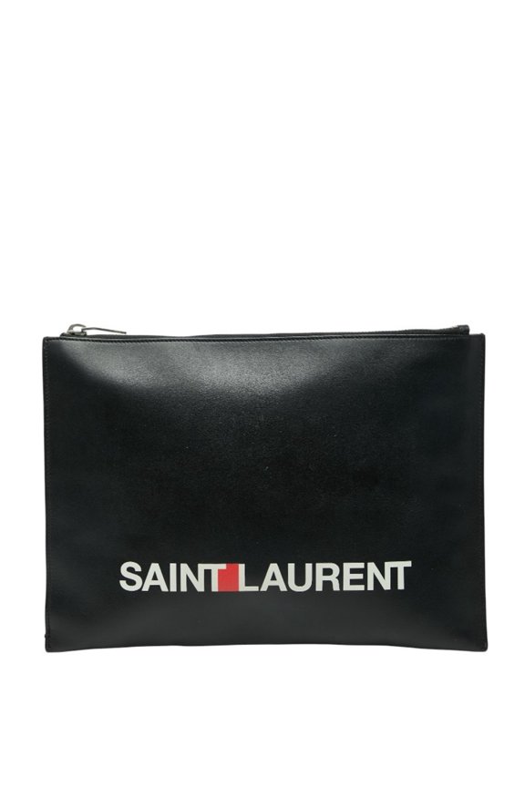 Pre-Owned Saint Laurent logo clutch bag in black and white leather for women. (Good)