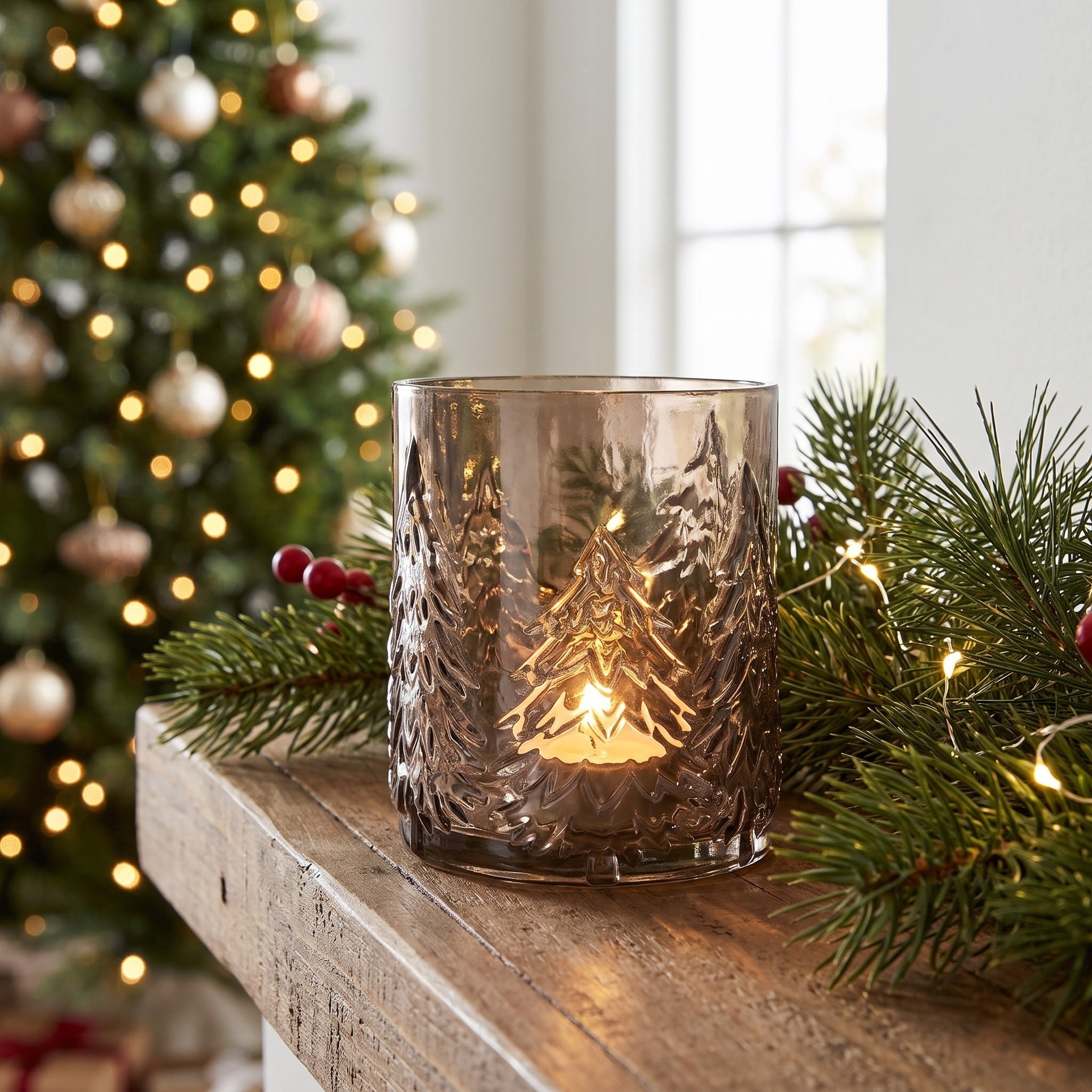 Small Brown Glass Tree Pattern Christmas Pillar Candle Holder, 5.3", by Holiday Time