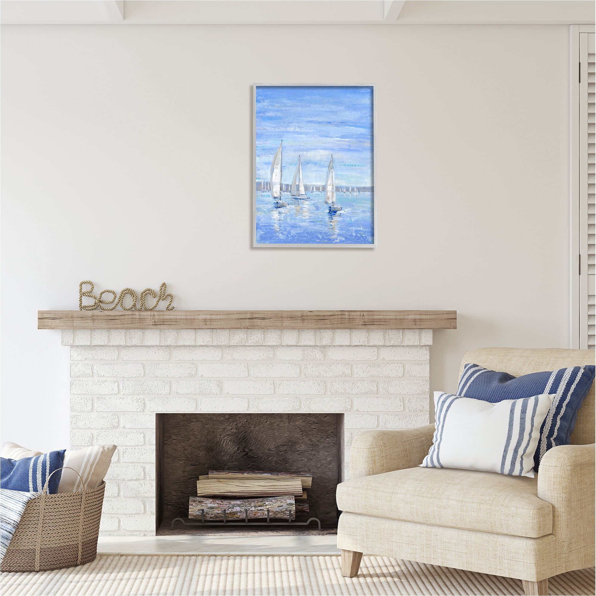 Stupell Industries Blue Sailboat Fleet Transportation Painting Gray Framed Art Print Wall Art, 24 x 30