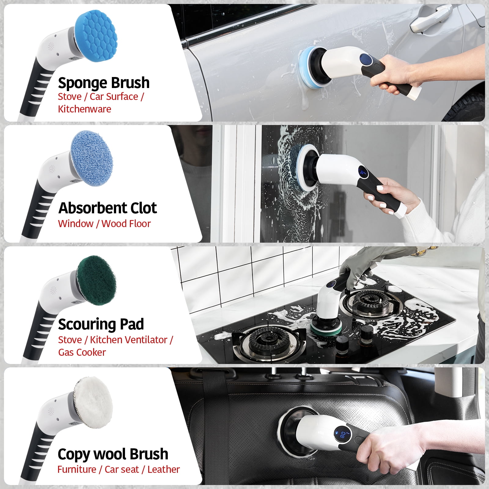 Electric Spin Scrubber, Cordless Cleaning Brush with 8 Replaceable Brush  Heads, 3 Adjustable Speeds, Adjustable & Detachable Long Handle, Voice  Broadcast