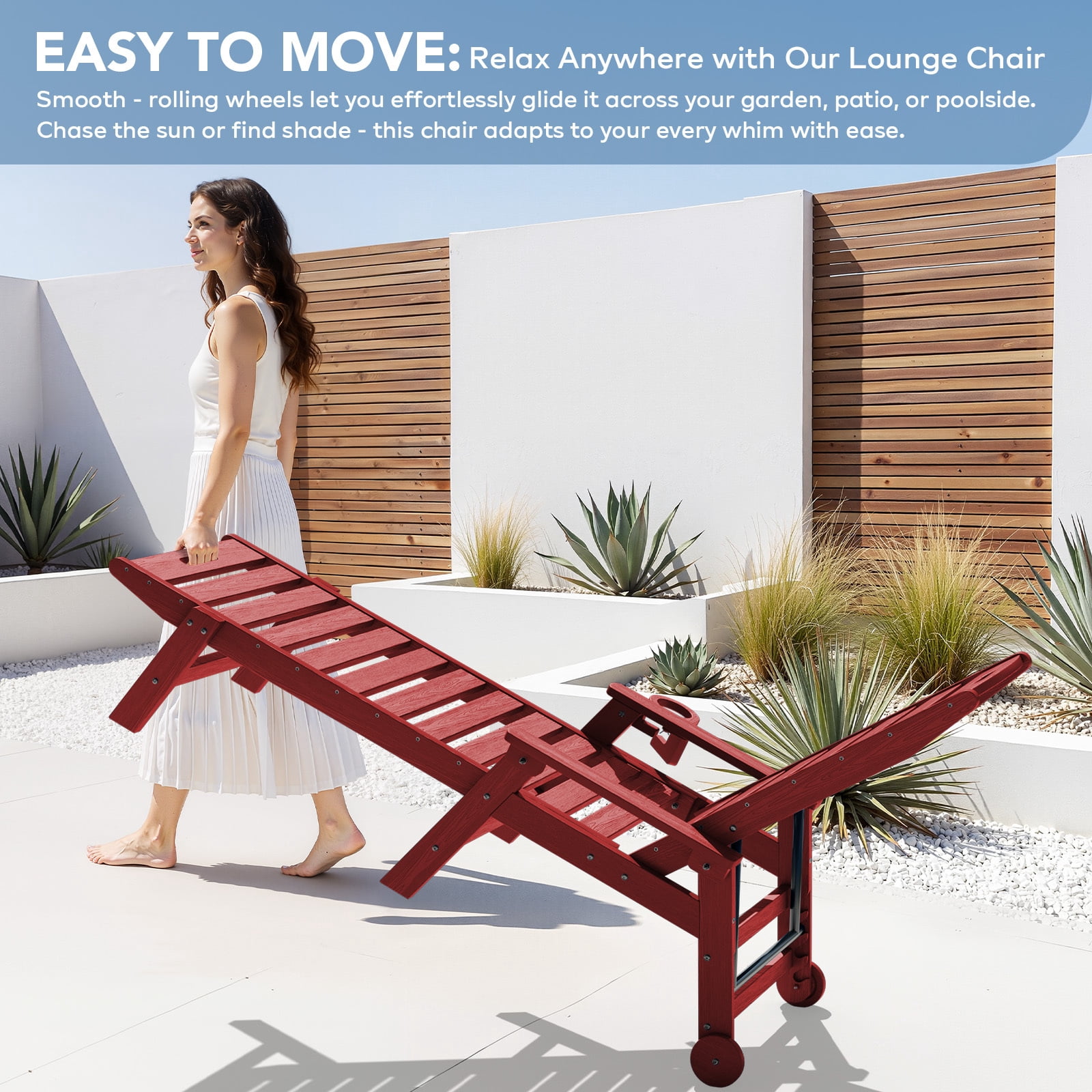 LOYALICE Adjustable Wheeled HDPE Plastic Outdoor Patio Lounge Chair W/ Cup Holder,78.3"x25.1"x16.3", Dark Red