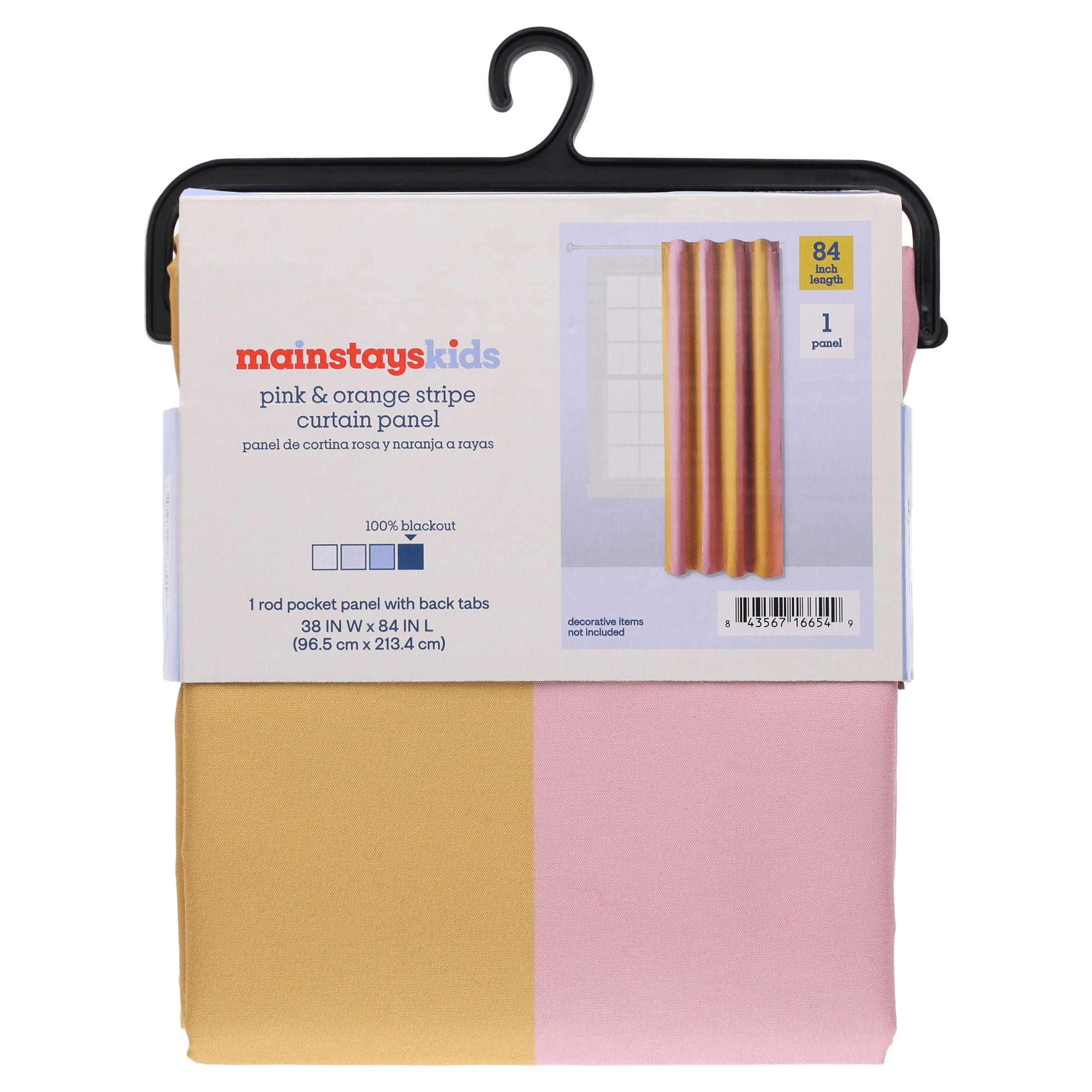 Mainstays Kids Pink and Gold Yellow Cabana Stripe Printed Blackout Rod Pocket with Back Tabs Single Curtain Panel, Set of 1, 38" W x 84" L
