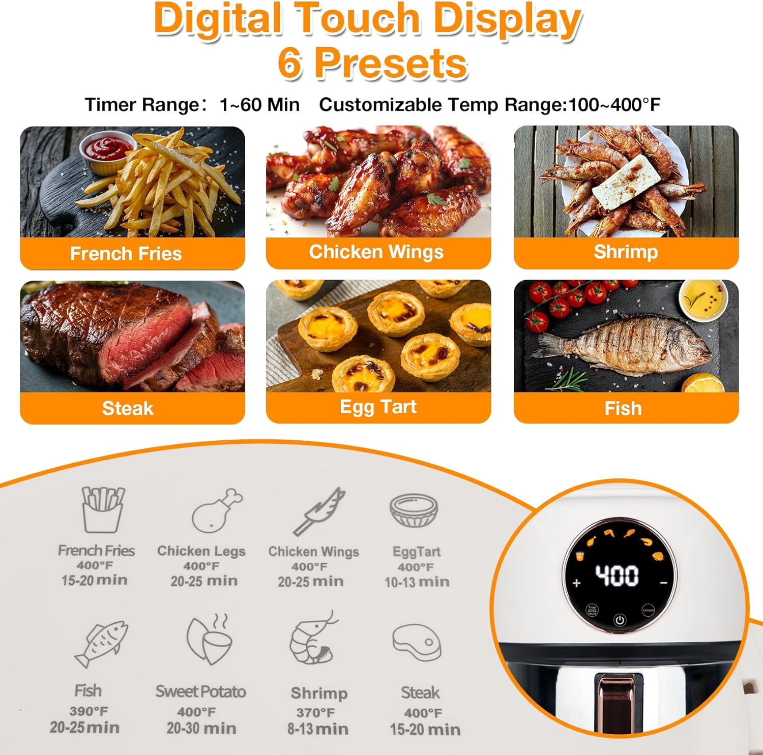 4.7QT Glass Air Fryer, 360 ° Viewable Glass Air Fryer Non Toxic, 6-IN-1 Preset Cook Modes, Digital Display, Adjustable Temp 100F - 400F, Nonstick, Dishwasher Safe, White