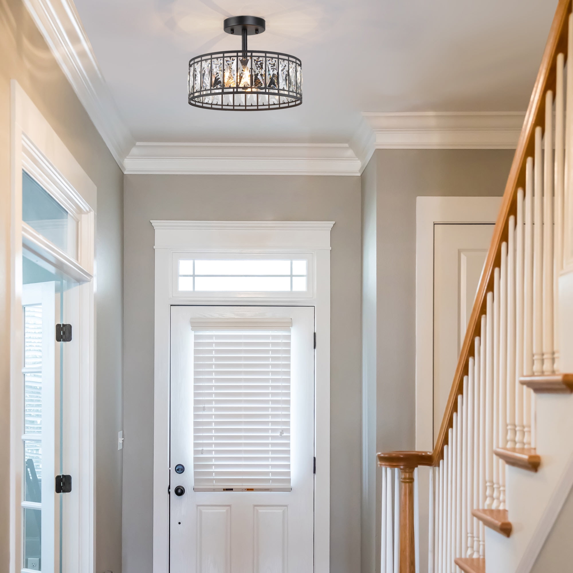 LNC 2-Light Matte Black Crystal Semi-Flush Mount Ceiling Light, Modern Drum Ceiling Light Fixture for Bedroom, Hallway, Entryway and Foyer