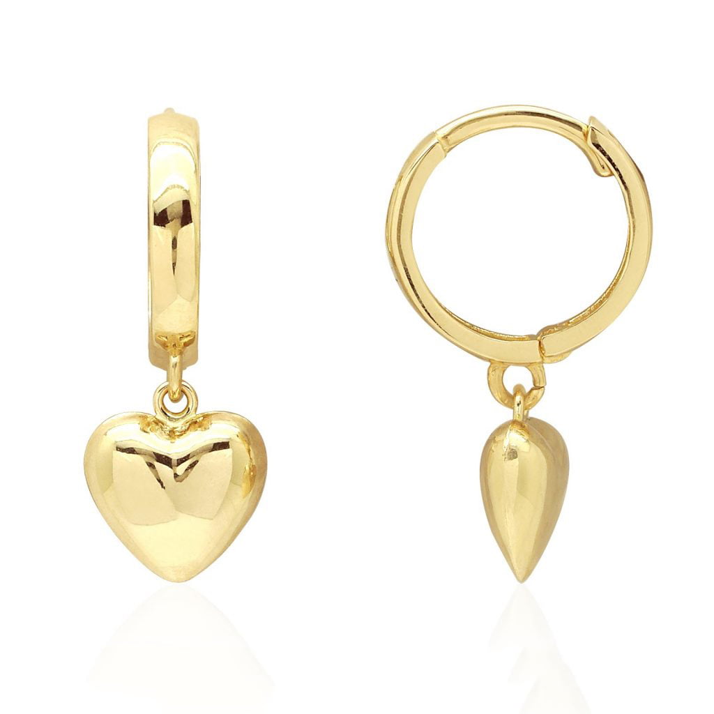 Dangle Heart Drop Earrings Columbus 14K Gold or Rhodium Plated Heart Charm Huggie Hoop Earrings Small Sleeper Hoops