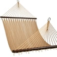 thumbnail image 1 of Lazy Daze 10 FT Double 2 Person Caribbean Rope Hammock, Hand Woven Polyester Hammock with Spreader Bars, Extra Large Outside Outdoor Backyard Patio Poolside Hammock, 450 LBS Capacity, Tan, 1 of 10