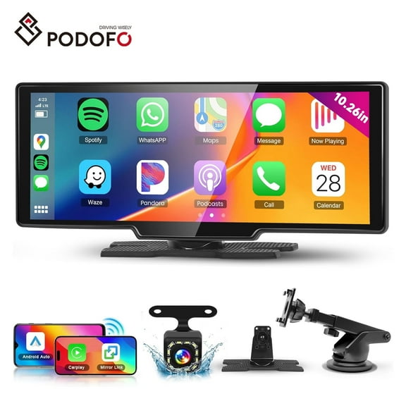 Podofo Wireless Carplay Android Auto Screen 10.26 Inch Portable Car Stereo, Podofo HD IPS Touch Screen Car Radio with SuperLink/OTA/Bluetooth/Voice Control/AUX/FM Transmitter HD Backup Camera