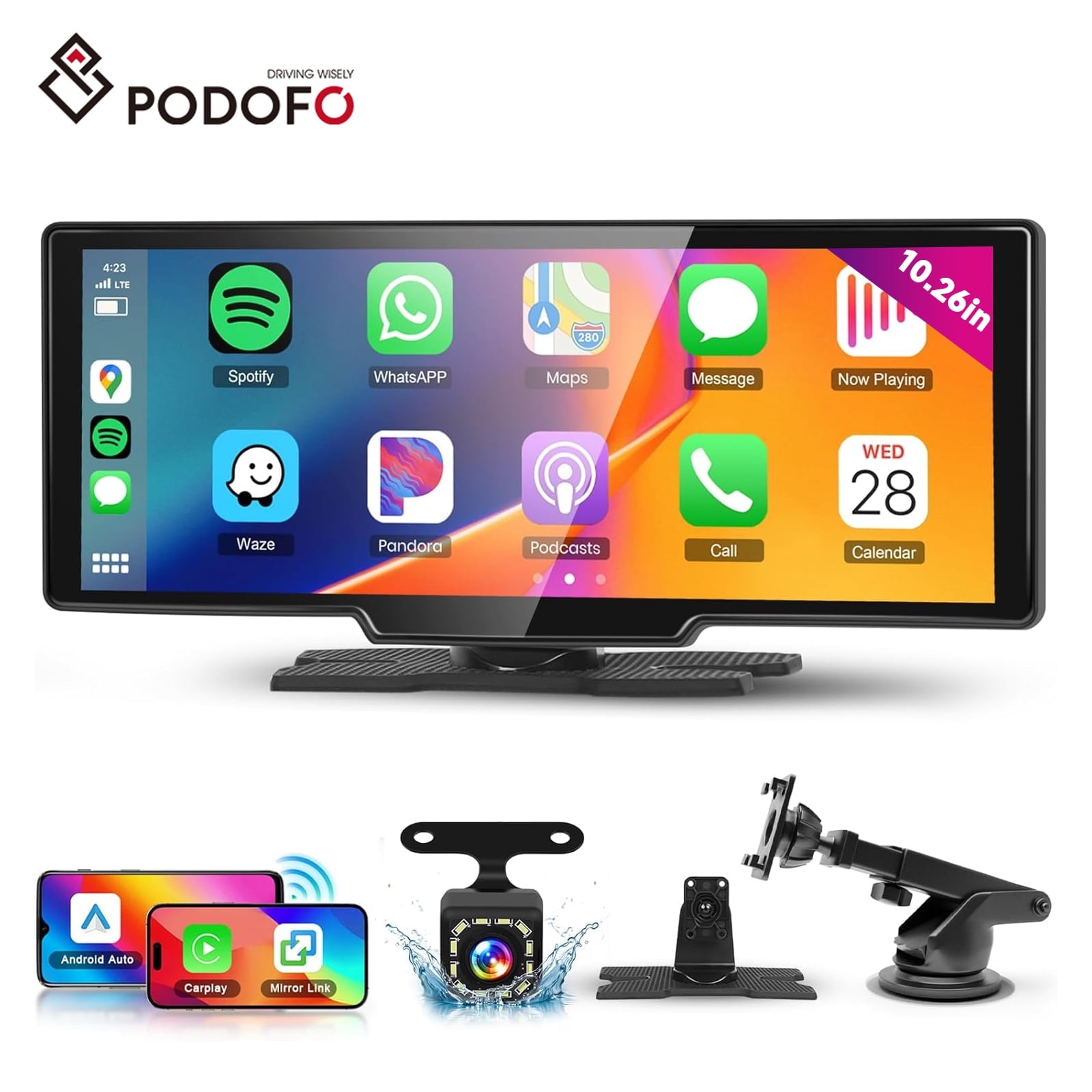 Podofo Wireless Carplay Android Auto Screen 10.26 Inch Portable Car Stereo, Podofo HD IPS Touch Screen Car Radio with SuperLink/OTA/Bluetooth/Voice Control/AUX/FM Transmitter+HD Backup Camera