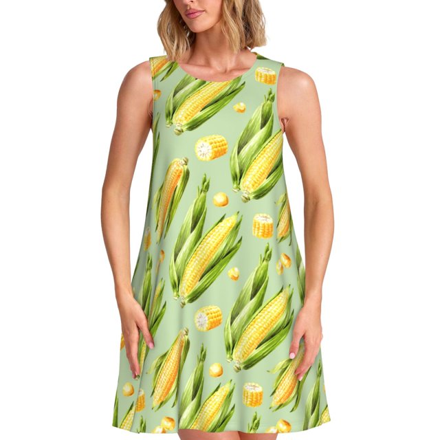 Bixox Robe Sans Manches Imprimé Maïs Doux pour Femmes avec Poches, Robe Décontractée Longueur Genou pour l'Été-3TG