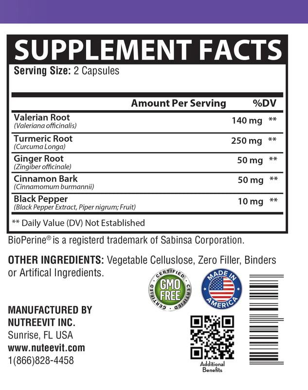NutreeVit 100% Organic  -Valerian root + Turmeric + Ginger +Cinnamon Bark(120 Count)