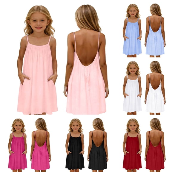 Toddler Kids Girls Summer Sleeveless Backless Cami Dresses Spaghetti Strap Flowy Dress Sundress with Back Tie Black 4 Years-5 Years