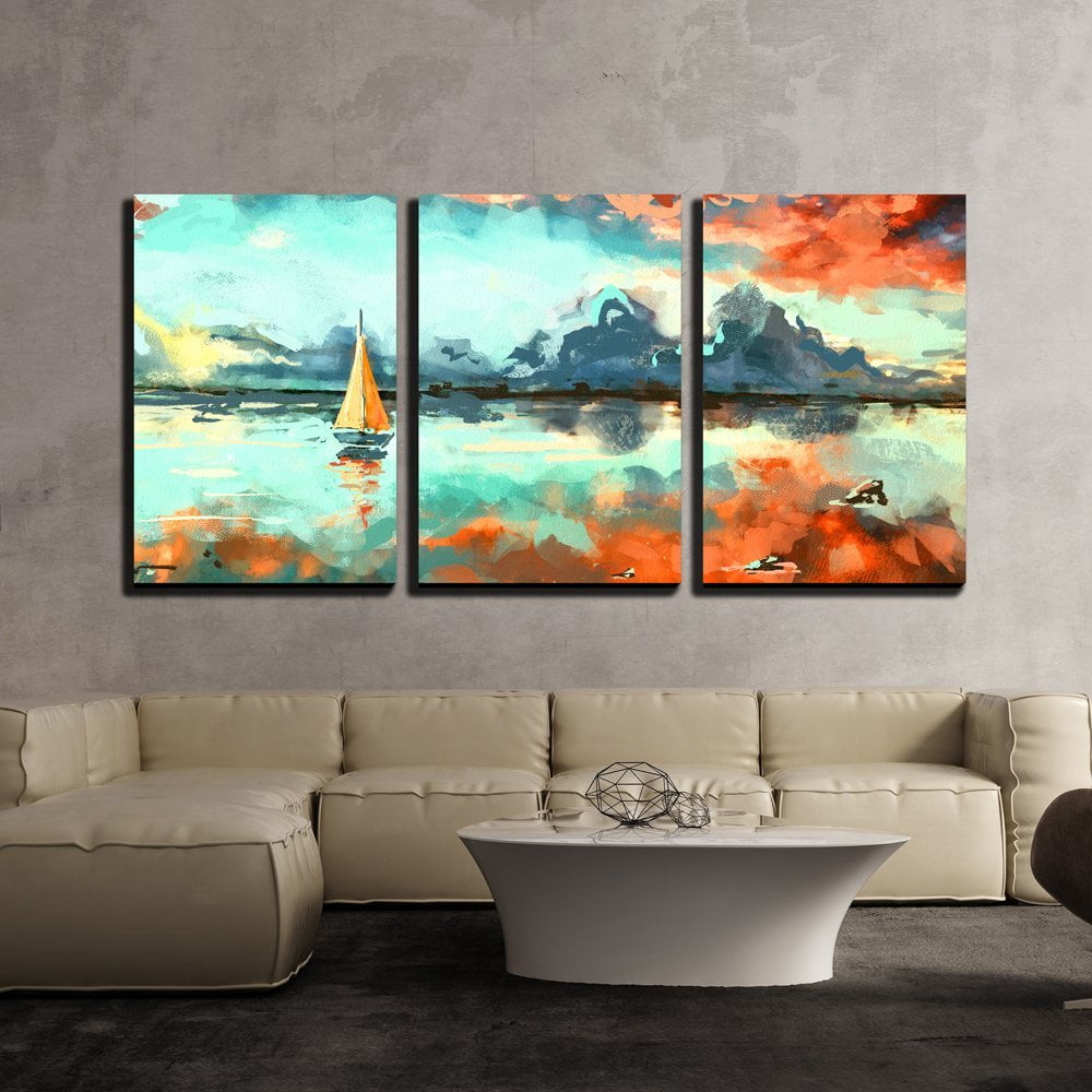 Full moon painting Sailing boat on the lake Space painting of original painting Apartment decor mountain canvas Painting fireplace decor