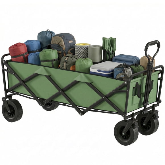 130L Folding Garden Cart with Wheels, Heavy-Duty Collapsible Wagon, Green
