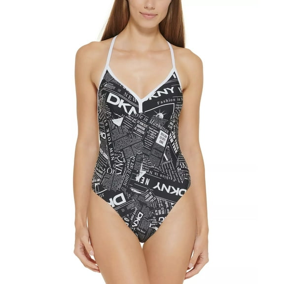 DKNY BLACK WHITE Graphic T-Back One-Piece Swimsuit, US Large