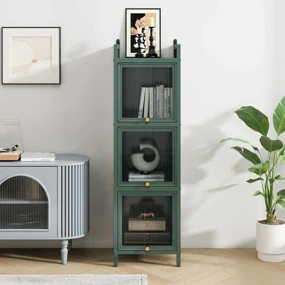 Three-tier Glass Door Cabinet with Featuring Four-tier Storage, Dark green