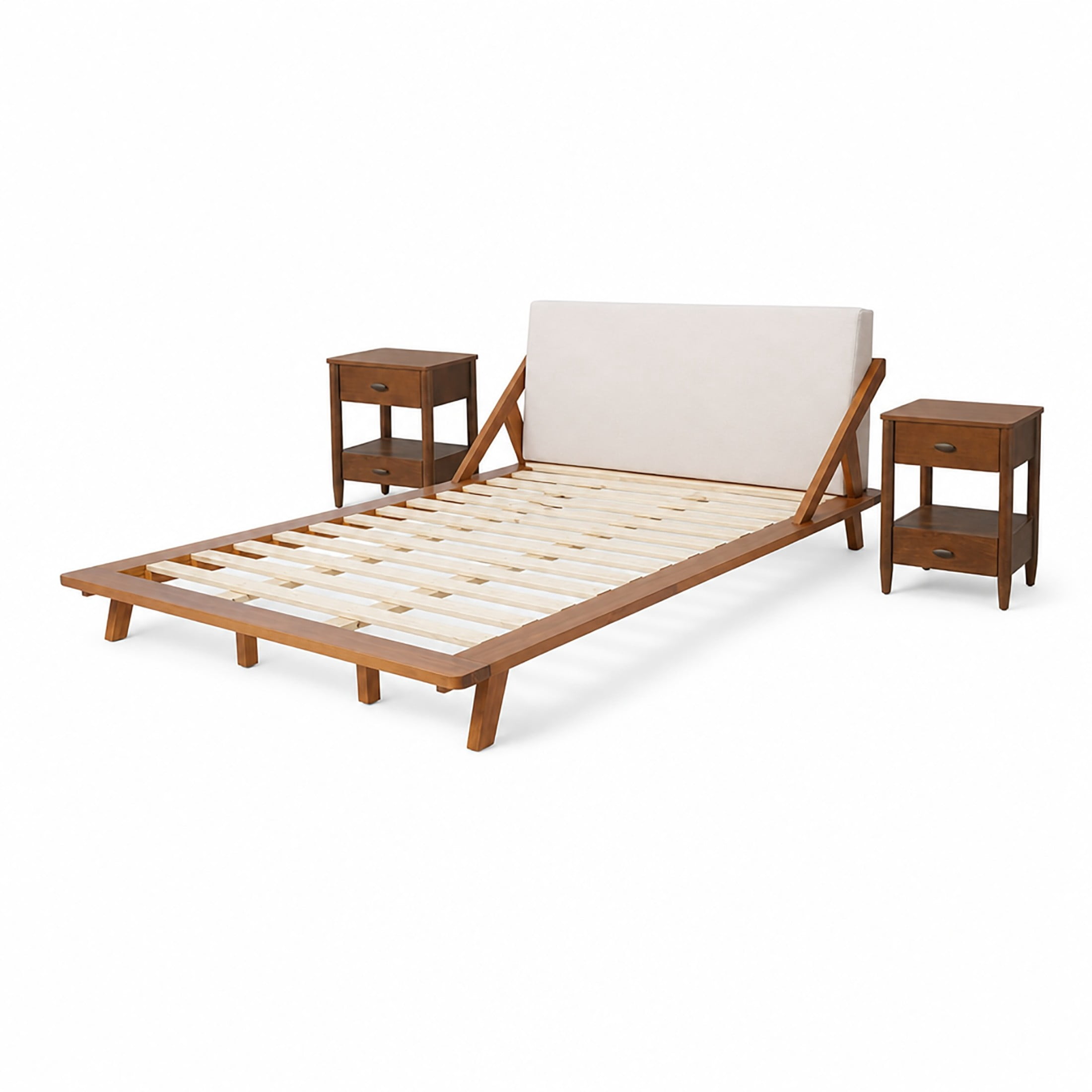 Christopher Knight Home Queen Bedroom Set, Beige Upholstered Wood Bed with 2 Nightstands, Natural+Walnut