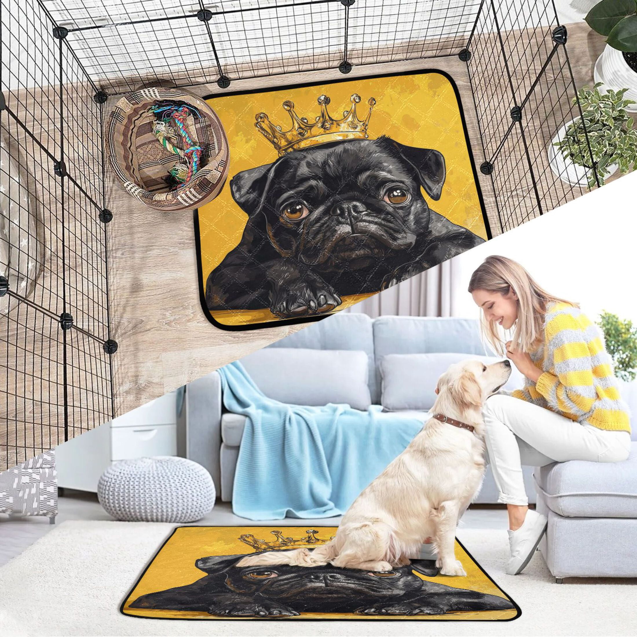 Qxltty Crown Black Pug Dog Cat litter Pads Pet Set of 3 Diaper Mats Center Anti-leakage Layer Absorbent Soft and Comfortable