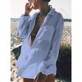 thumbnail image 7 of DAKIMOE Swimsuit Cover up for Women Bathing Suit Cover up V Neck Long Sleeve Loose Beach Cover up Bikini Bathing Beach Sundress Summer Dress Button Down Shirt, Cyan, 7 of 7