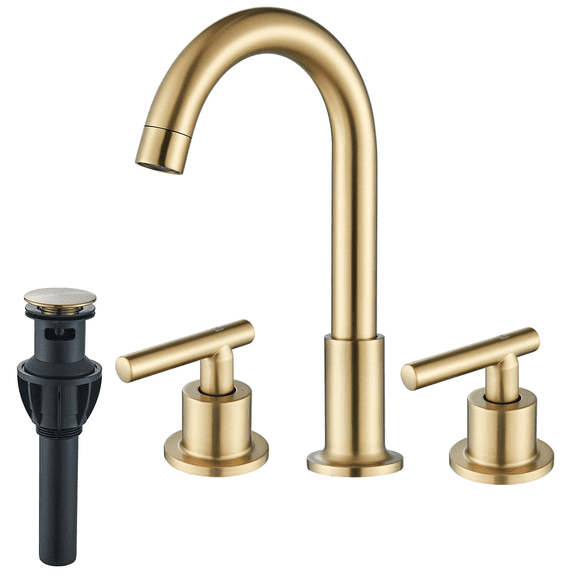 Zovajonia Brushed Gold 3-Hole Widespread Bathroom Faucet, Swivel Spout, 8 Inch, w/ Pop-up Drain & Supply Lines