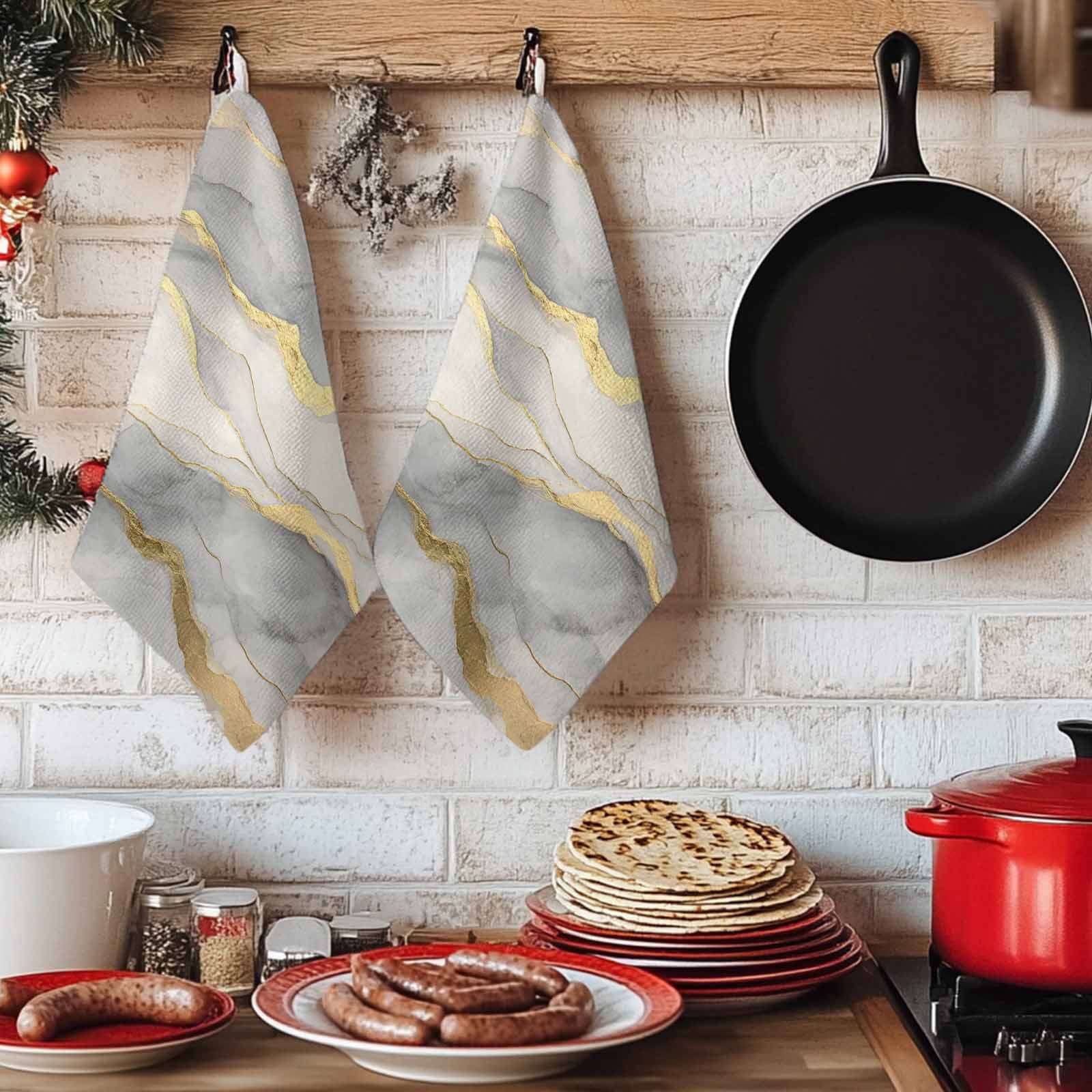 Marble Grey Kitchen Towels Set of 2, Modern Gold Luxury Neutral Texture Absorbent Dish Towels for Kitchen, Microfiber Hand Towel, Quick Drying Tea Towel for Cleaning Decorative Dishcloths