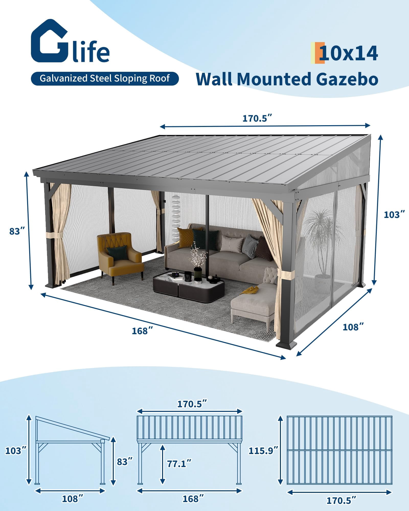 Lumiparty 10x14 ft Wall-Mounted Hardtop Gazebo, Lean-To Pergola with Galvanized Steel Roof, with Mosquito Netting & Privacy Curtains for Backyard, Deck or Carport, Gray